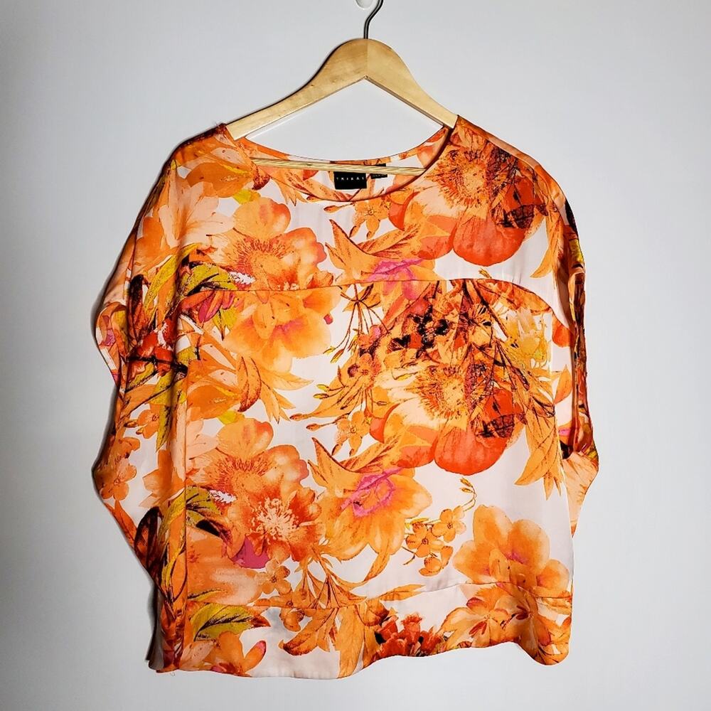 Tribal Floral orange & yellow tunic top sleeveless lightweight satin Size 14